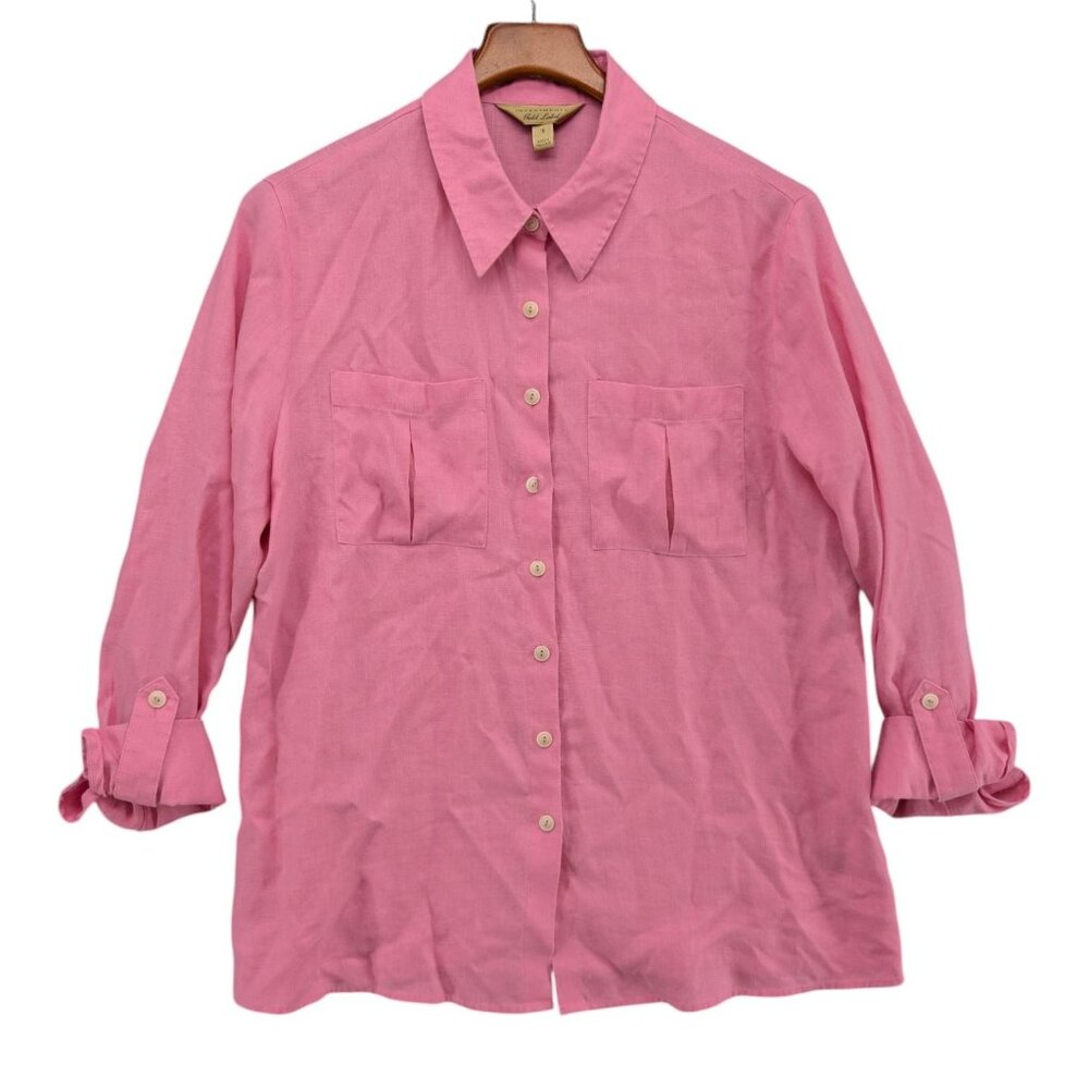 Investments Hemp Shirt Womens Pink Button Front Roll Tab Sleeve Gold Label Sz 16